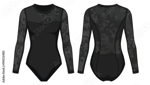 Elegant black long-sleeved bodysuit with intricate lace details fashion illustration front and back view