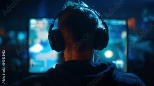Individual focused on gaming, wearing headphones. Bright screens showcase dynamic visuals in a dark setting, enhancing concentration and immersion.