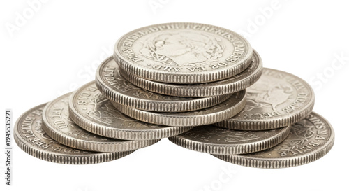 Photos Pile of old silver coins isolated on transparent background, antique currency wi