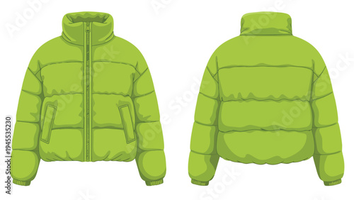 A modern vibrant lime green puffer jacket illustration presenting both its detailed front and sleek back views perfect for contemporary fashion and