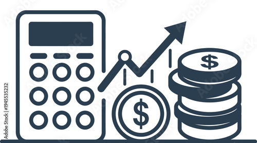 A financial illustration shows a calculator, coin with dollar sign, increasing graph line, and stacked coins with dollar signs.