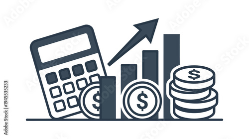 Financial growth chart with calculator, coins, and dollar signs
