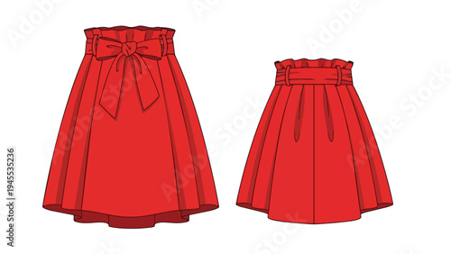 Vibrant red paper bag waist skirts featuring distinct elegant bow and clean belt detailing, presented as a sophisticated fashion illustration for