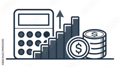 A calculator displays growth next to a rising bar chart, dollar coin, and stacked money.