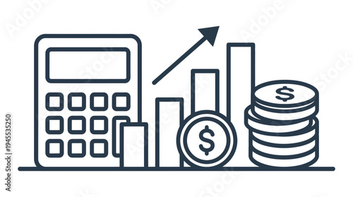 Financial analysis with calculator and growing bar chart showing profit increase