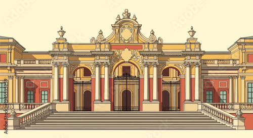 Vector illustration of ornate building facade with columns and arches