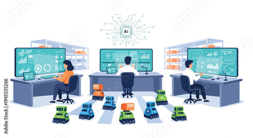 Flat 2D illustration of people working at computers with AI automation concept in a modern office setting replacing traditional jobs with a clean and minimalist aesthetic.