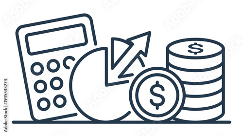 The illustration depicts a calculator, pie chart, arrow, coin, and coins stacked with a dollar sign, symbolizing financial growth.