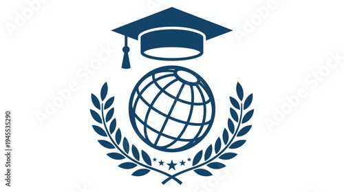 Graduation ceremony features a global education symbol with laurel wreath