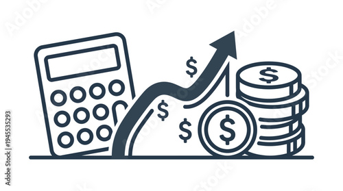 The calculator shows financial growth with money and coins increasing.