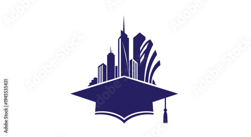Graduation cap with cityscape and books, symbolizing education and urban learning