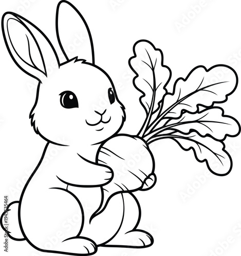 Cute cartoon rabbit holding a fresh radish vegetable