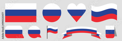 Flags of Russia - flat collection icon. Russia national flag set shape variations vector icon. Isolated sticker.