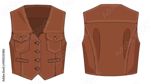 Classic Brown Vest Apparel Design Illustration Front and Back Views Fashion Garment Template