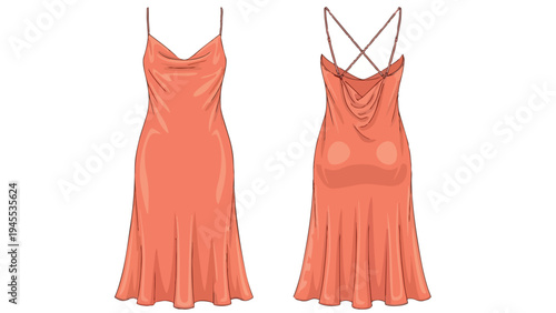 Coral slip dress illustration with a flattering cowl neck and elegant criss-cross back straps perfect for fashion designers and modern apparel