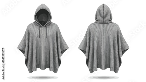 Gray hooded poncho design template with front and back views for clothing concepts vector illustration