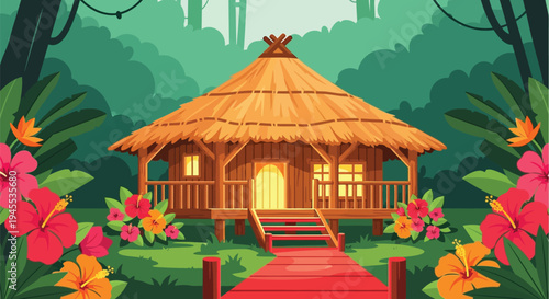 Vector illustration of a hut in a tropical forest with flowers and pathway