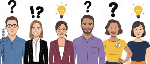 Set of thoughtful people, cartoon men and women thinking, planning, or pondering with question marks and light bulbs