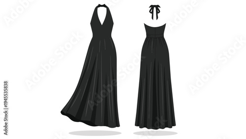 An elegant black halter-neck evening gown illustration, featuring both front and back views. This sophisticated formal attire showcases a flowing
