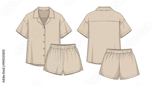 Technical flat sketch of a casual two-piece loungewear set, shirt and shorts. This illustration provides garment design details for apparel creation