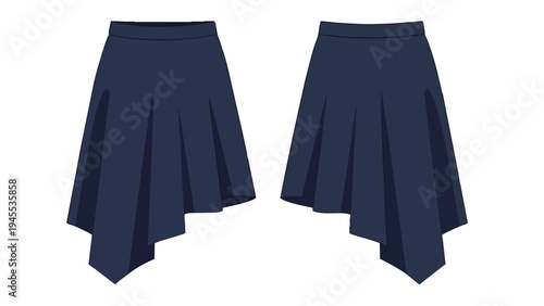 Dark blue skirt with asymmetrical hem technical flat drawing shown from front and back views a versatile piece for modern fashion design and apparel
