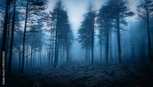 Mysterious Dark Forest With Dense Fog And Towering Trees During Twilight Hours