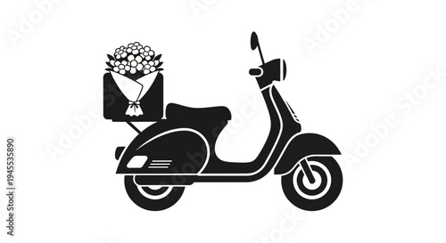 Black and white scooter with bouquet.