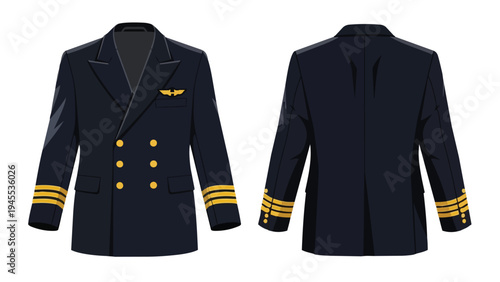 Professional pilot's uniform jacket: front and back views with gold trim and insignia