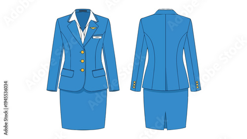 Professional blue uniform design for modern service industry personnel featuring a classic blazer and skirt ensemble with golden button accents and