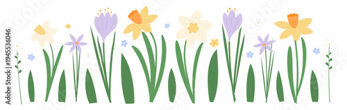 Set of beautiful spring wildflowers. Vector creative spring hand-drawn wildflowers: crocuses, chamomile, narcissus. Seasonal decorative elements for ads, branding, cover, card.