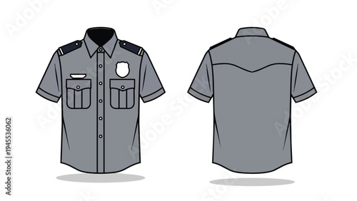Detailed illustration of a gray short-sleeved uniform shirt shown from front and back, featuring shoulder epaulets, dual chest pockets, and a blank