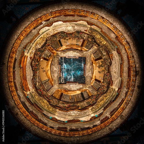 Decorative Wood-Carved Caisson Ceiling in Chinese Traditional Building