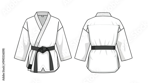 Detailed vector illustration showcasing a traditional white martial arts gi, featuring a knotted black belt, presented in precise front and back