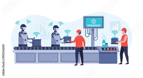 Flat 2D illustration of workers and robots in an industrial setting with automation and AI concept on a clean white background.