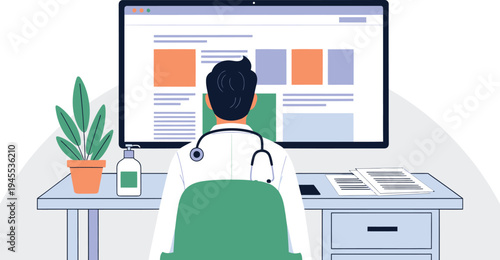 Doctor analyzing patient data on a computer screen in a modern medical office setting with a plant