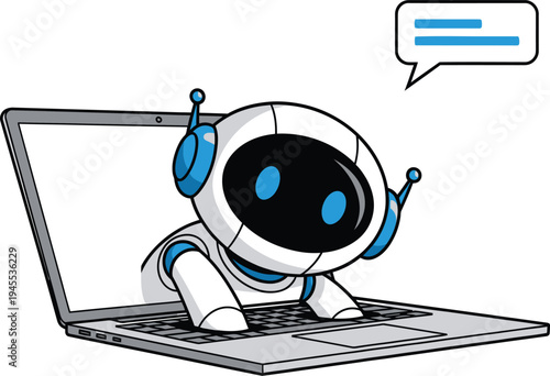 A cartoon robot with a large head and blue accents sitting on a laptop keyboard with a speech bubble
