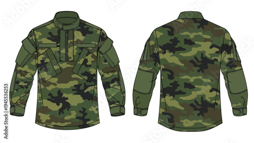 Technical illustration of a modern combat shirt with woodland camouflage pattern front and back views depicted