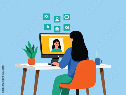 A woman video conferencing on her computer with a plant and coffee nearby in a home office setting with social media icons