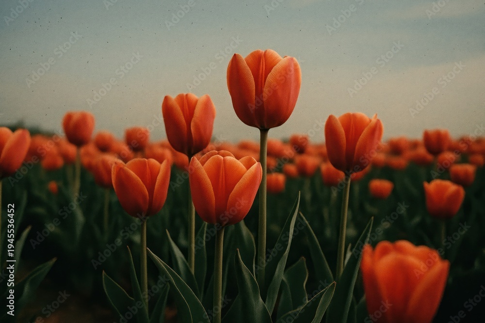 Fototapeta premium Vibrant tulips in serene field.