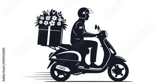 Delivery rider on scooter with flowers.
