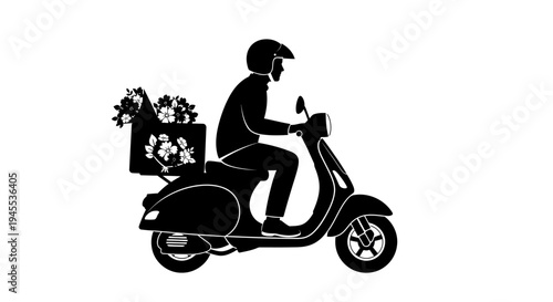 Delivery rider on scooter with flowers.
