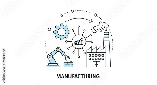 Infographic illustration of a manufacturing process with a robotic arm, gear, and factory building in a futuristic flat 2D design