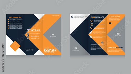 Professional Corporate Trifold Brochure Template with Orange Geometric Design, modern design template for infographics.