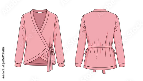 Elegant pink women's wrap top design technical illustration featuring front and back views with stylish tie closure and gathered waistline detail