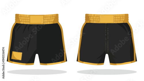 Dynamic black and gold boxing shorts design for athletic competition and intense training
