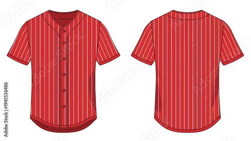 Striking red pinstriped baseball jersey design flat lay illustration showcasing front and back views ideal for sports team apparel concepts or