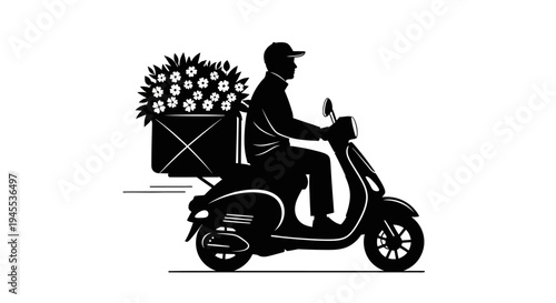 Man Riding Moped with Flower Bouquet.
