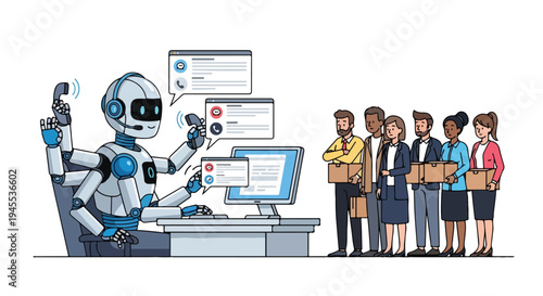 A robot sits at a desk with a computer and screens, interacting with a line of diverse people standing opposite, conveying a concept of automation replacing jobs in a flat 2D graphic.