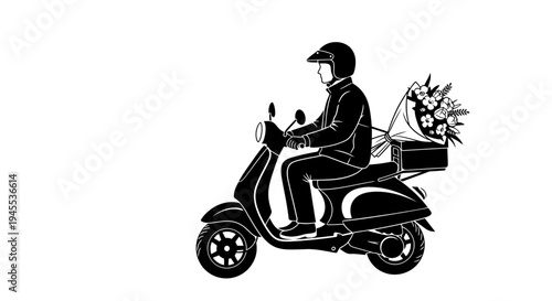 Man Riding Motorcycle with Delivery Flowers.