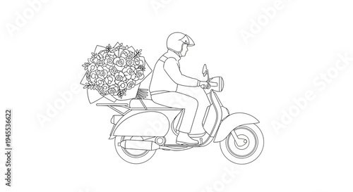 Man Riding Motorcycle with Floral Bouquet.